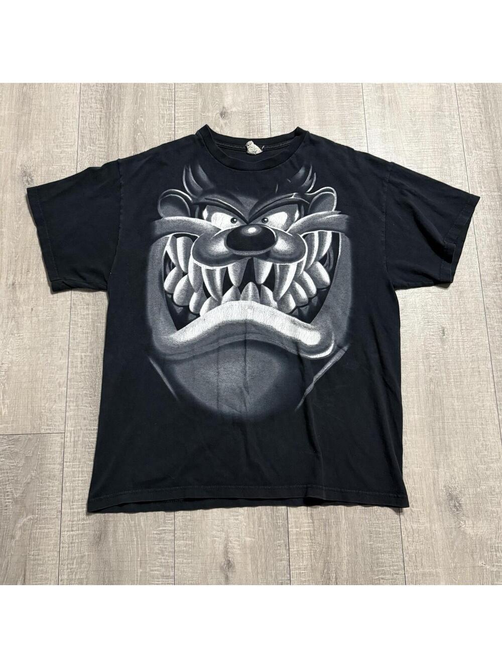 Vintage Y2K Black Looney Tunes Big Face Taz Tasmanian Devil Graphic T Shirt Mens - Picture 2 of 9
